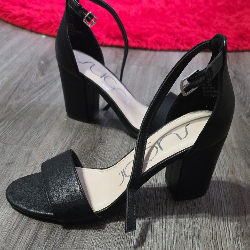 Sugar Black Block Heel Sandals with Ankle Strap - Picture 3 of 4